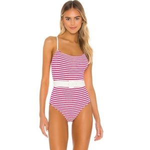 Solid & Striped Nina Belted One Piece Pink White Striped Swimsuit NWT